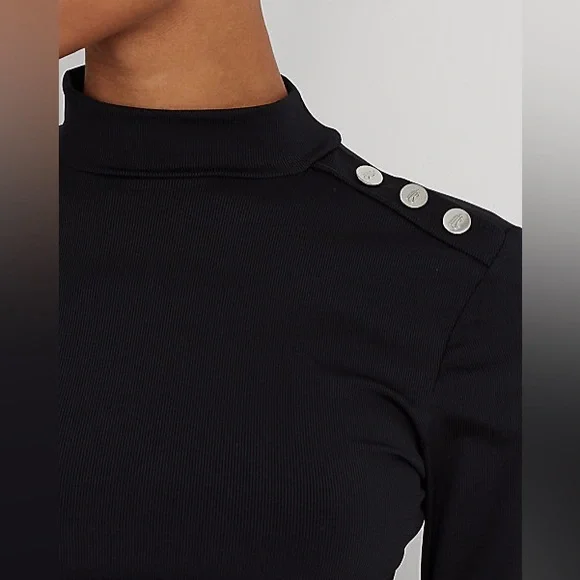 Lauren Ralph Lauren Ribbed Cropped Mockneck Rash Guard Black Swim TOP ONLY NEW - Picture 5 of 9